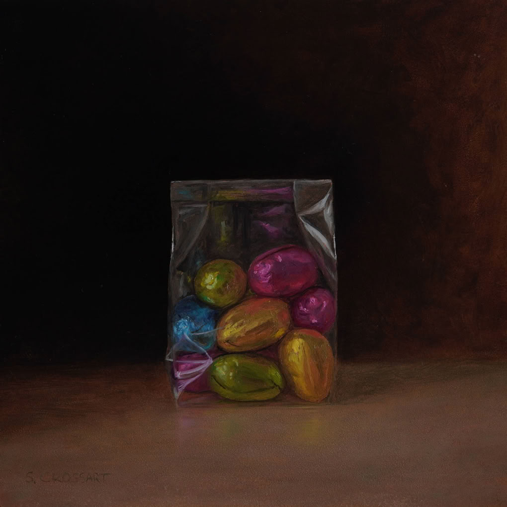 Botanische kunst, botanical art, Sophie Crossart. Blueberries, chocolate eggs, Oil painting, olieverfschilderij. 