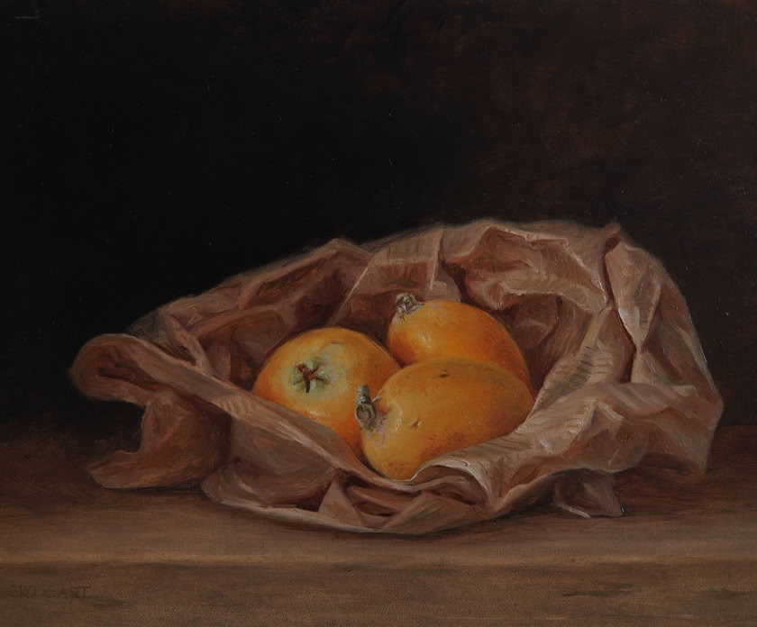 Botanische kunst, botanical art, Sophie Crossart. Olieverfschilderij, mispel, loquat.