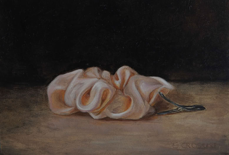 Botanische kunst, botanical art, Sophie Crossart. Still life with scrunchie and hair clip. Oil on panel, oliverfschilderij. 
