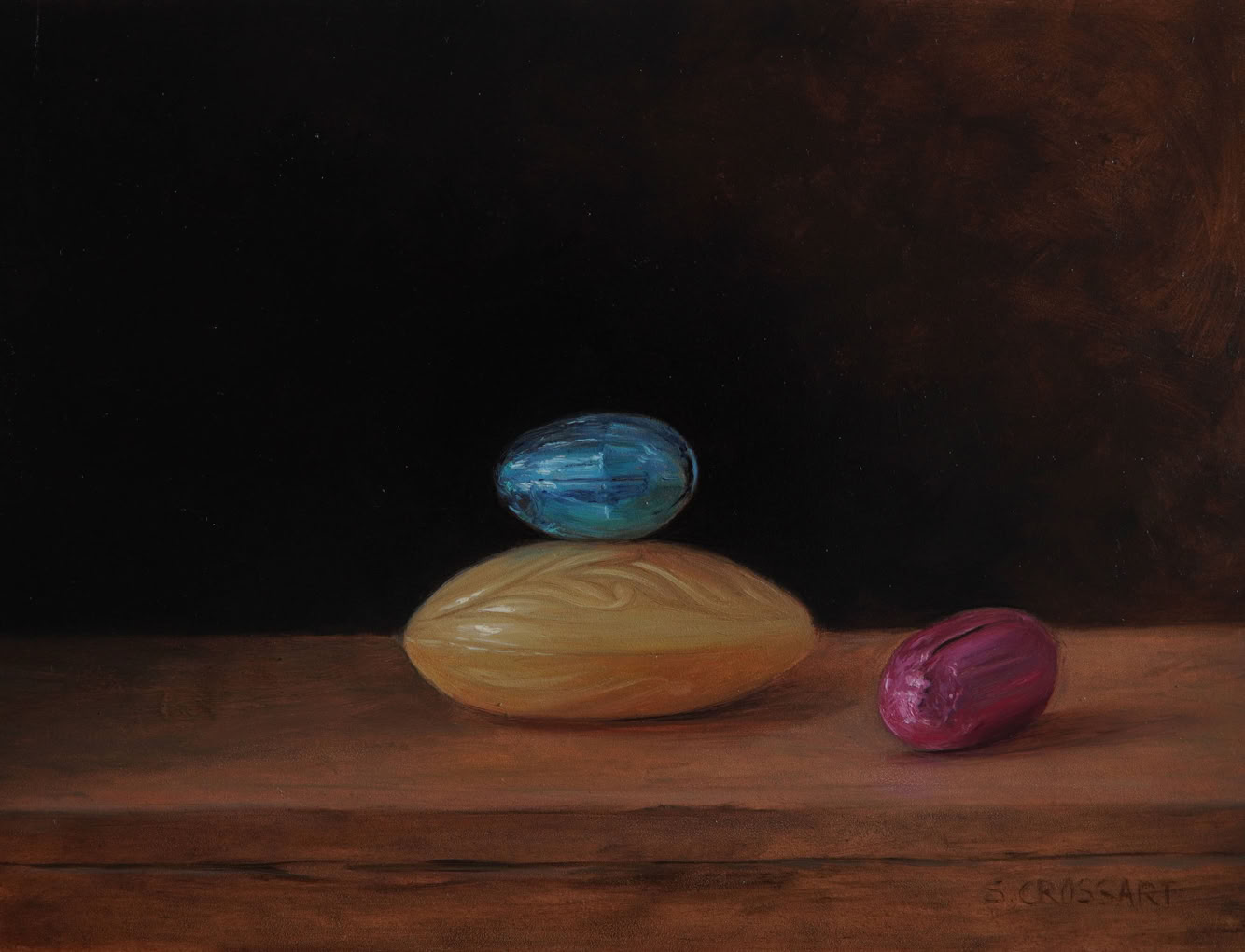 Botanische kunst, botanical art, Sophie Crossart. Still life with soap and chocolate eggs. Oil on panel, oliverfschilderij. 