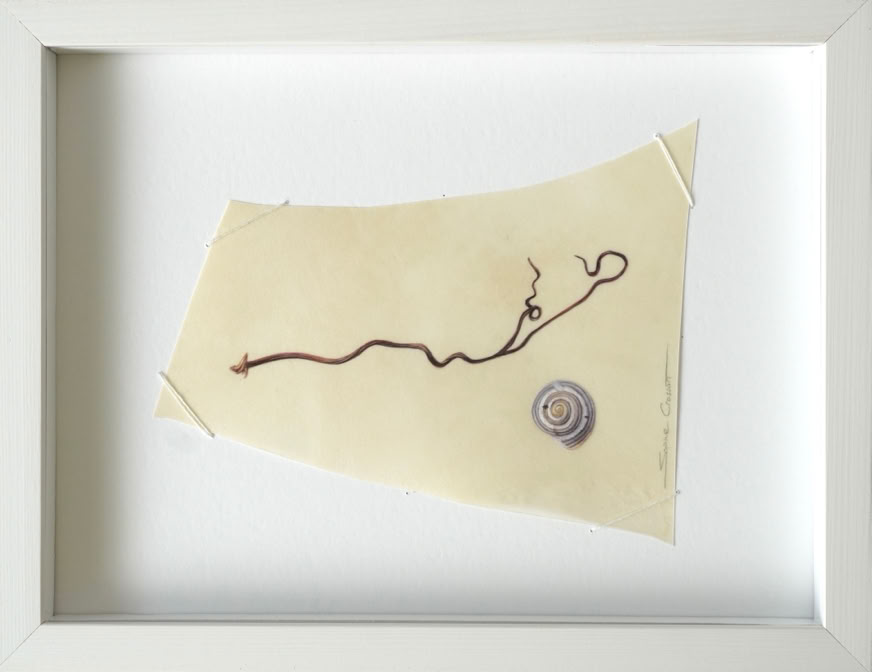 What remains, watercolour on vellum, linen yarn on museum board, 18 x 24 cm, 2024. 