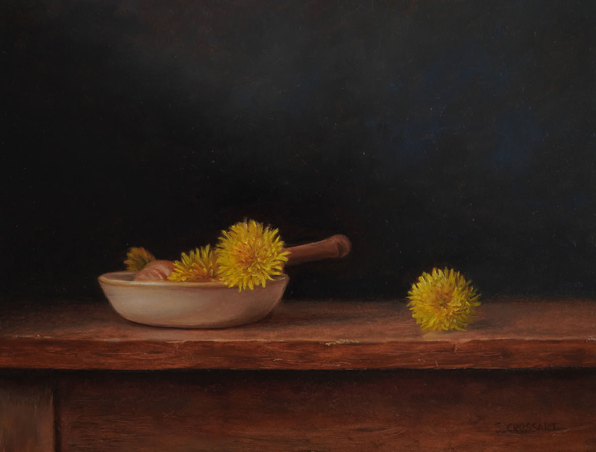 Olieverfschilderij, oil on panel, Botanical art and illustration. Botanische Kunst. Sophie Crossart. Dandelions. Paardebloemen. 