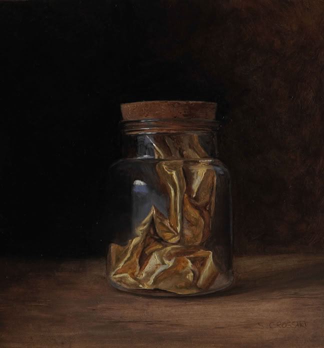 Botanische kunst, botanical art, Sophie Crossart. Still life with jar and chocolate wrapper. Oil on panel, oliverfschilderij. 