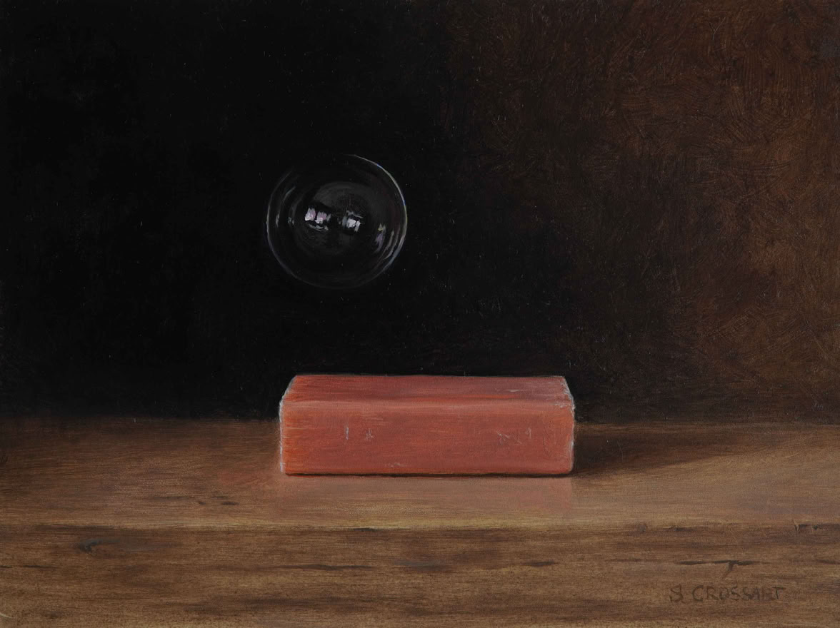 Botanische kunst, botanical art, Sophie Crossart. Still life with soap and bubble. Oil on panel, oliverfschilderij. 