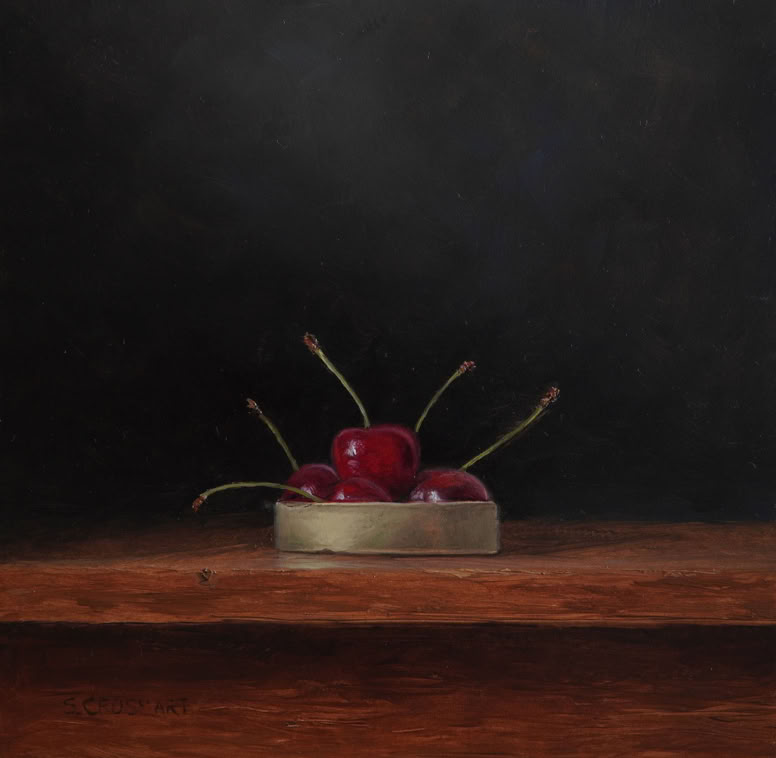 Botanische kunst, botanical art, Sophie Crossart. Cherries, Oil painting, olieverfschilderij. 